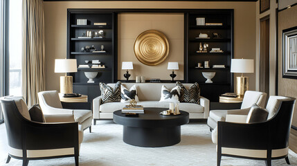 Modern Living Room with Beige Walls, Black Shelving, and Metallic Accents