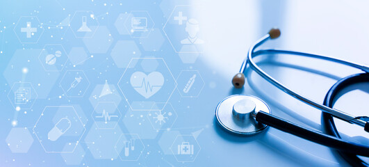 Medical background. Stethoscope on light background of clinic. Healthcare, analysis, therapy technologies