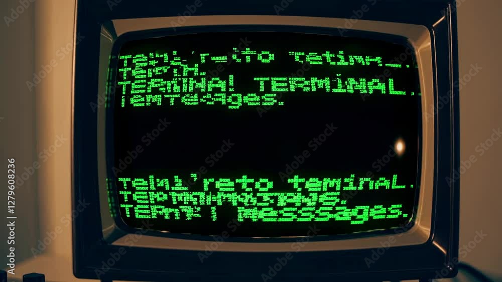 Poster retro video style with a close-up angle of a vintage crt screen displaying pixelated green text: 'he