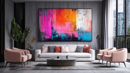 Sleek, minimalist design in a modern living room complemented by an abstract art frame