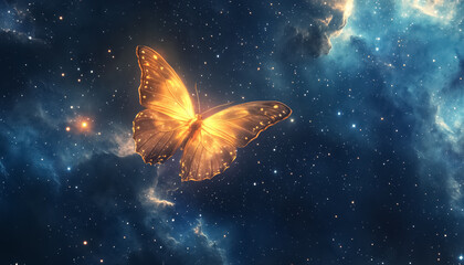 magical fantasy colorful butterfly on night sky with stars and nebulas background, creative illustration