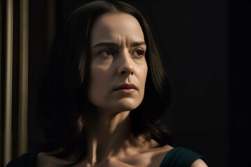 Fototapeta premium Photograph of a woman with fair skin, dark brown hair, and a serious expression.