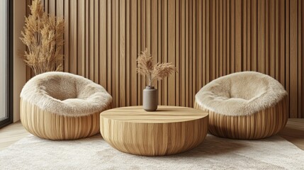 In a modern living room with minimalist decor, boucle armchairs are arranged around a brown table, accompanied by a rustic vase filled with dried branches