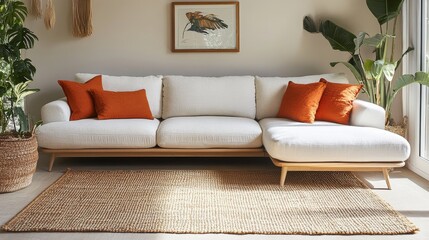 A living room designed with minimalist style, a corner sofa, terra cotta pillows, and a grid window