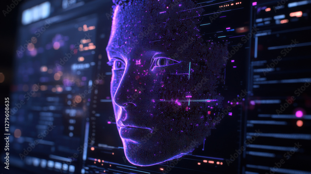 Poster digital human face in futuristic interface with glowing purple lines and data elements