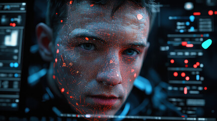 Young man with futuristic digital interface and augmented reality technology overlay