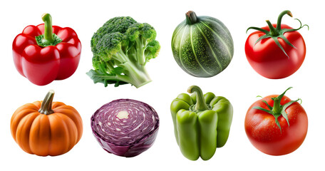 Fresh Colorful Vegetables Including Bell Peppers, Broccoli, and Tomato, isolated on transparent background