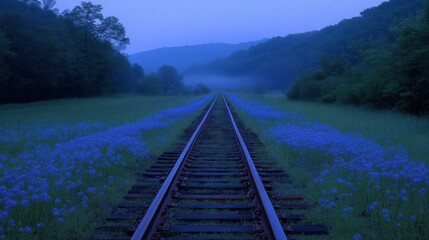 Fototapeta premium Serene Blue Flowers Along Abandoned Railway Track in Early Morning Light