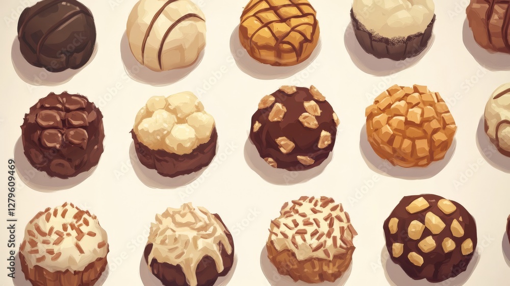 Poster delicious assortment of assorted chocolate truffles arranged neatly on a light background
