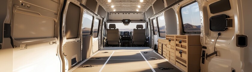 Spacious and Modern Van Interior Ready for Customization with Natural Light and Scenic Background