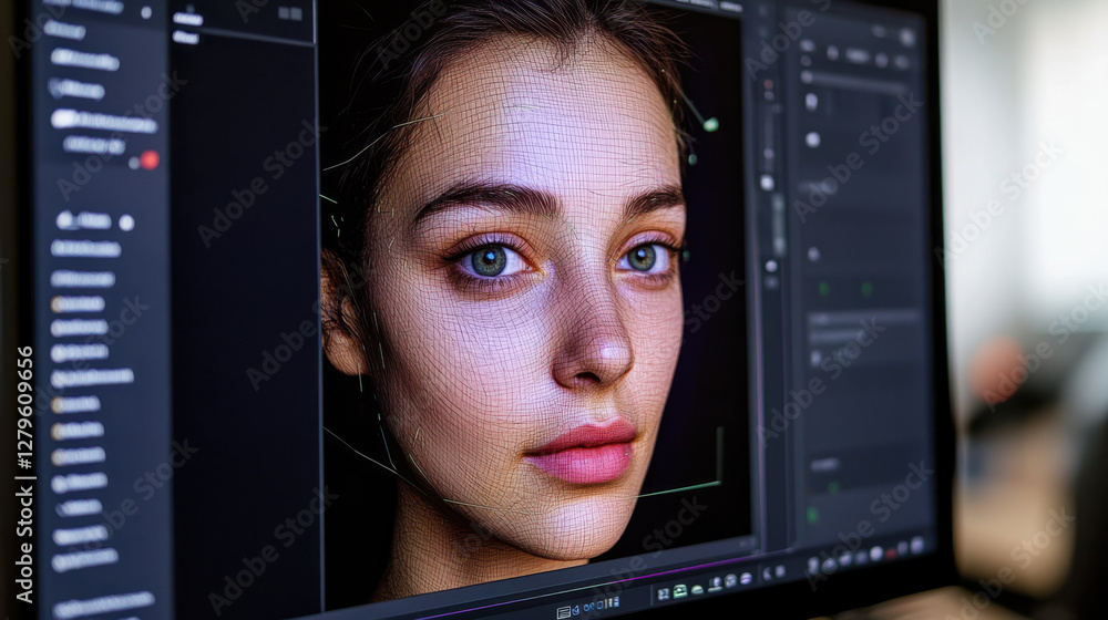 Poster digital portrait editing software on laptop screen displaying woman's face with 3d modeling interfac