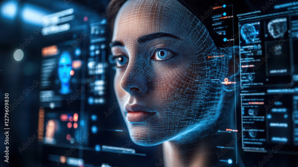 Poster futuristic ai technology: woman in holographic interface displaying digital innovation and cyber net