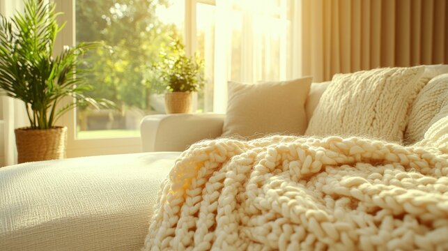 A stylish living room with a white sofa, comfortable blankets, lush greenery, and natural decor, creating a calm and hospitable space