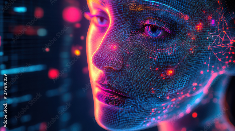Poster futuristic digital face with neon lights and grid patterns in a cybernetic art style