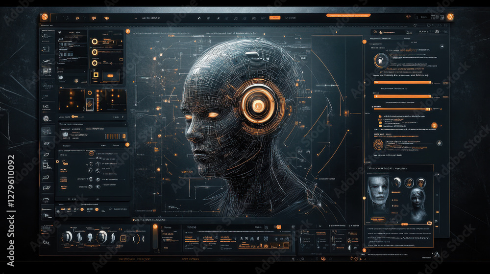Poster futuristic ai interface with human-like head display and cybernetic data elements