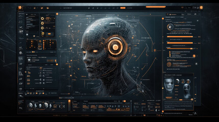 Obraz premium Futuristic ai interface with human-like head display and cybernetic data elements