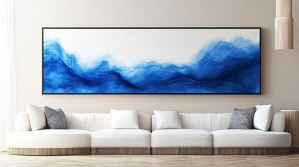 In a minimalist living room, a modular sofa sits against a beige stucco wall, featuring an abstract art frame