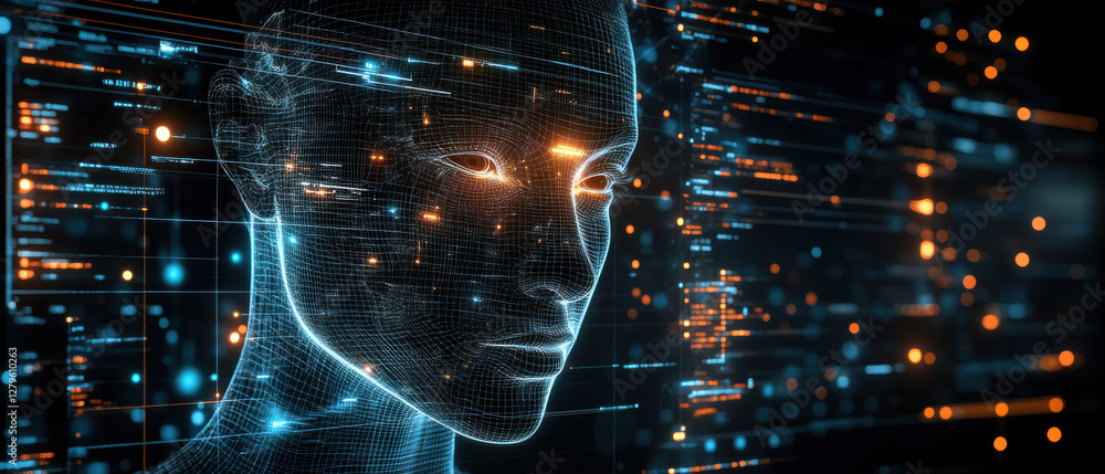 Aufkleber futuristic digital face with data streams and neon lights showcasing advanced ai technology and virt