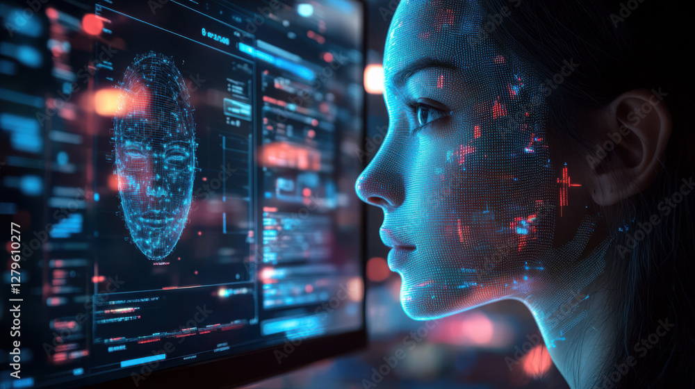 Poster futuristic woman analyzing digital face on computer screen with holographic interface in cybernetic 