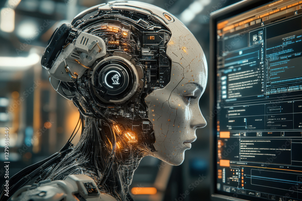 Poster cyborg woman engaged in high-tech programming in futuristic lab environment with advanced robotic fe