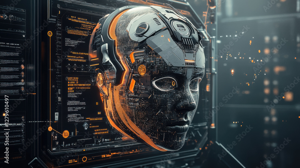 Aufkleber futuristic ai face with circuitry and digital interface displaying advanced technology in cybernetic