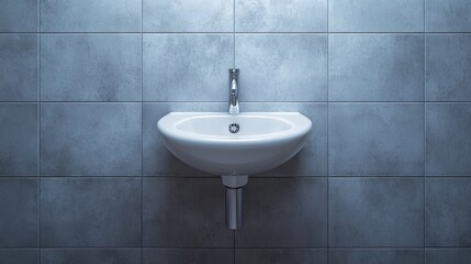 Fototapeta premium Bathroom scene with a white sink, cosmetics, and a toothbrush displayed on a stand, seen from above