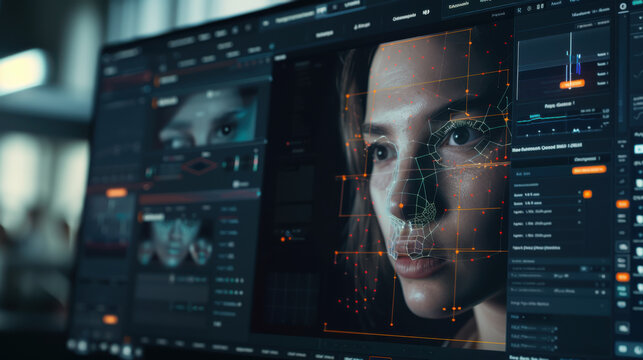 Advanced facial recognition technology on computer screen with interface and data analysis elements - Powered by Adobe