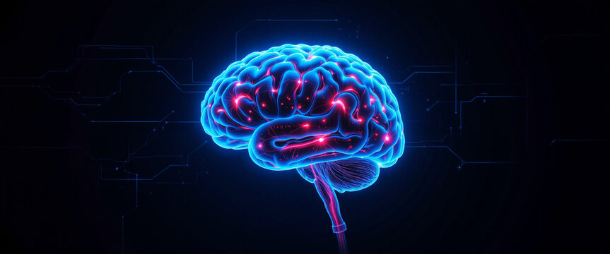 Glowing digital brain representation symbolizing advanced AI technology and innovation against a dark circuit background