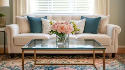 Elegant living room floral arrangement cozy home interior design bright environment inviting viewpoint tranquil concept