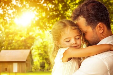 Fototapeta premium Father and daughter are hugging each other in a countryside landscape with warm sunset light, symbolizing their reunion after remigration or repatriation