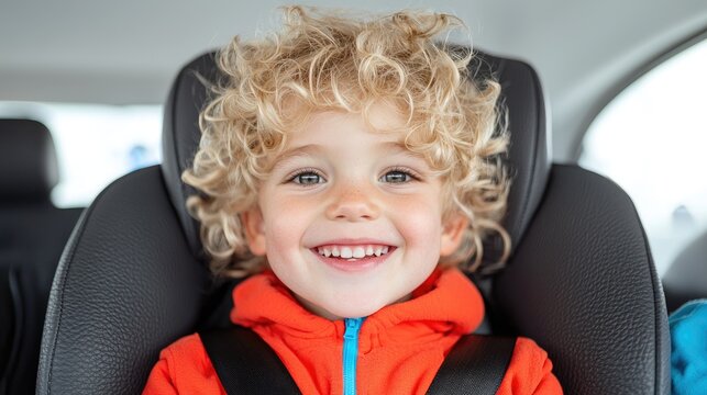Child in car seat, happy smile, travel safety, family trip, use for child safety campaigns, educational resources