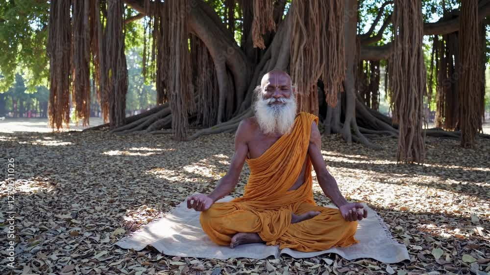 Aufkleber a serene video of a monk meditating under a large banyan tree. shot from a low angle, capturing tran