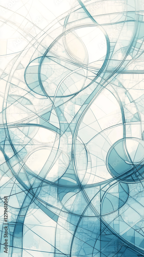 Poster abstract blue and white geometric lines creating a fluid, interconnected pattern, symbolizing modern