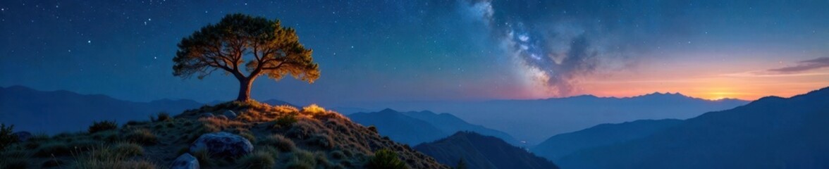 Hilltop under starry night sky with single tree warm, mountain backdrop, natural wonder