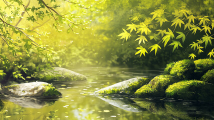 春の訪れを告げる若葉が広がる日本庭園、生命の息吹を感じる新緑の世界