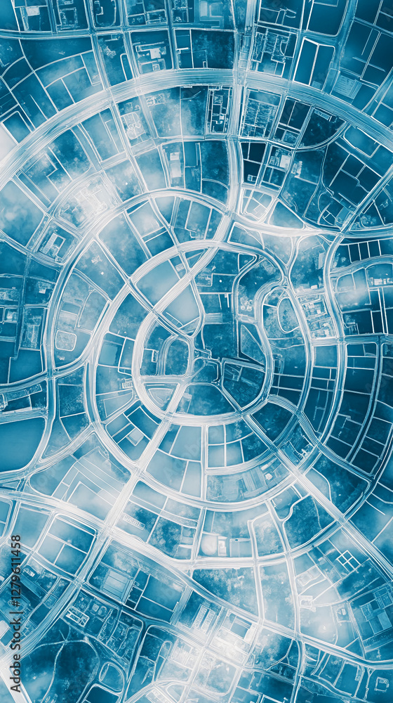 Poster Aerial view of an intricate network of streets and intersections in a city grid with a futuristic blue and white filter, symbolizing urban planning and connectivity.