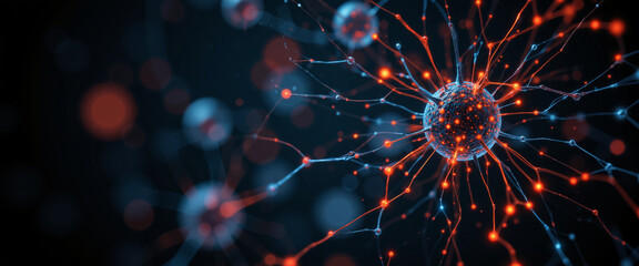 AI-generated abstract visualization of interconnected neurons in vibrant blue and orange colors conveying a sense of technological advancement and networking