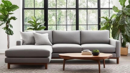 Modern grey sofa design cozy living room interior photography natural light contemporary style