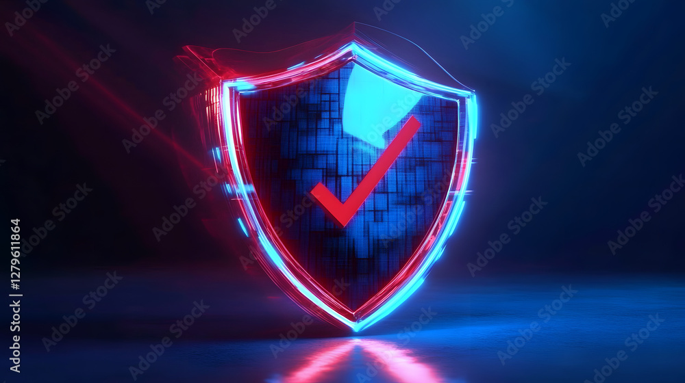 Poster 3d rendering blue and red glowing shield with check marks on futuristic blue background. generative 