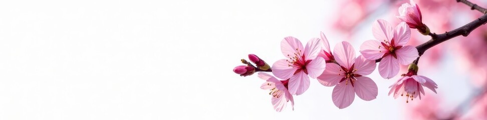 Fototapeta premium Pink cherry blossom branch isolated against a plain white background with subtle shadows, plain white, blossom branch