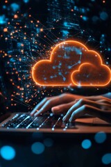 A woman is typing on a laptop displaying a cloud icon, symbolizing productivity and focus as she works on a task or project