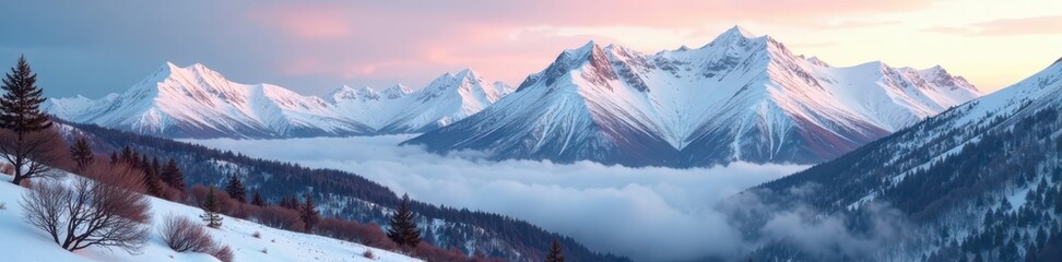 Snowy peaks of Cairngorms mountain range, misty morning atmosphere, Foliage, Winter Landscapes