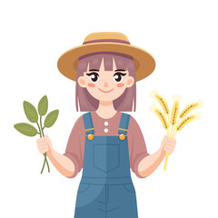 cute farmer girl in hat flat vector illustration isolated on transparent background