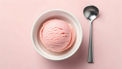 Single Scoop of Strawberry Ice Cream in White Bowl on Pastel Background