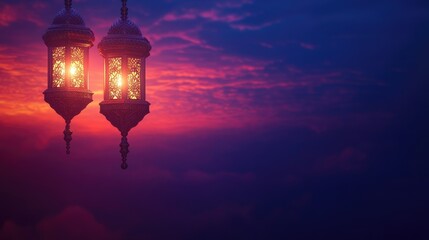 Fototapeta premium Ramadan background with colorful elegant lanterns, night sky, deep blue-purple-orange gradient, warm lighting, ample copy space for text and graphics