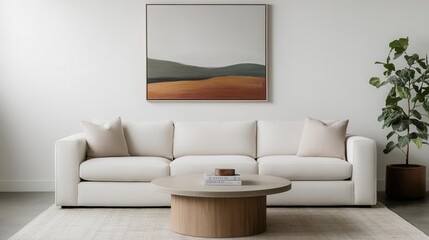Modern living room design featuring minimalist sofa and artwork urban setting interior photography contemporary style
