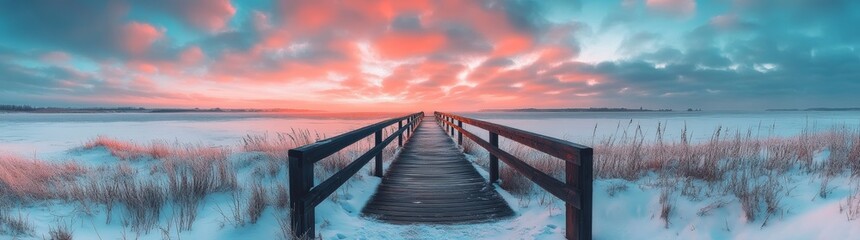 Obraz premium A wooden boardwalk stretches towards the ocean. The beach is sandy, the water is calm, the sky is blue, and there are no clouds