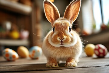 A happy Easter bunny jumping with joy surrounded by numerous Easter eggs