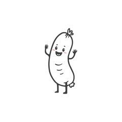 Cute cartoon sausage isolated on white. Funny Fast food character in flat style for menu, coloring, cards and banners. Vector illustration