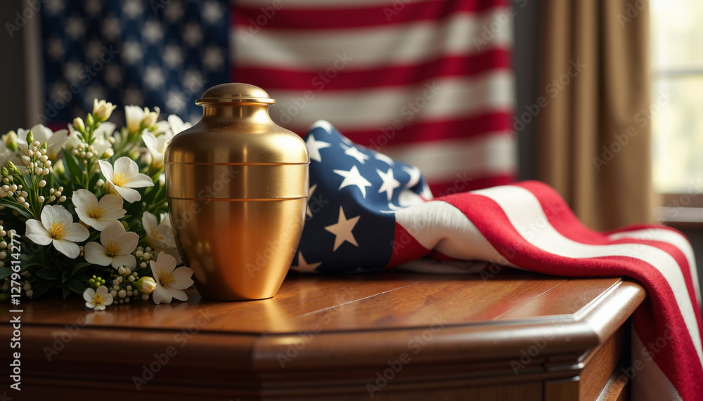 Wall mural Golden urn with flowers and American flag on table